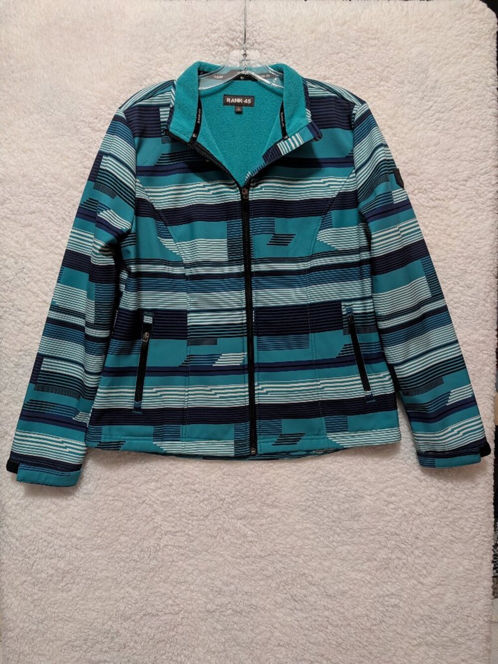 Rank 45 Womens Large Teal Blue Striped Softshell Jacket Fleece Lined Full Zip